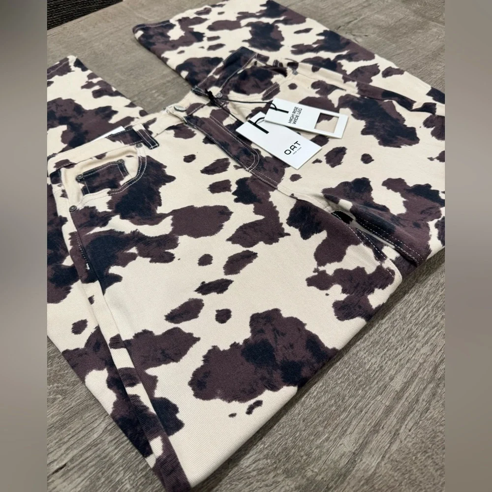 OAT New York Cow Print High Rise Wide Leg Jeans | Size 28 / 6 | NWT - Picture 2 of 7